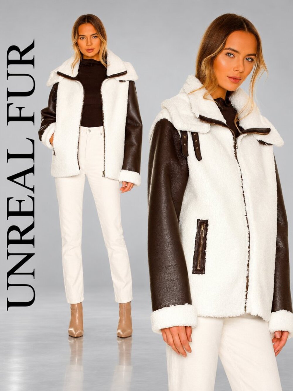 💥HOT ITEM!💥Symbiosis Leather Shearling Aviator Jacket in Chocolate & White
